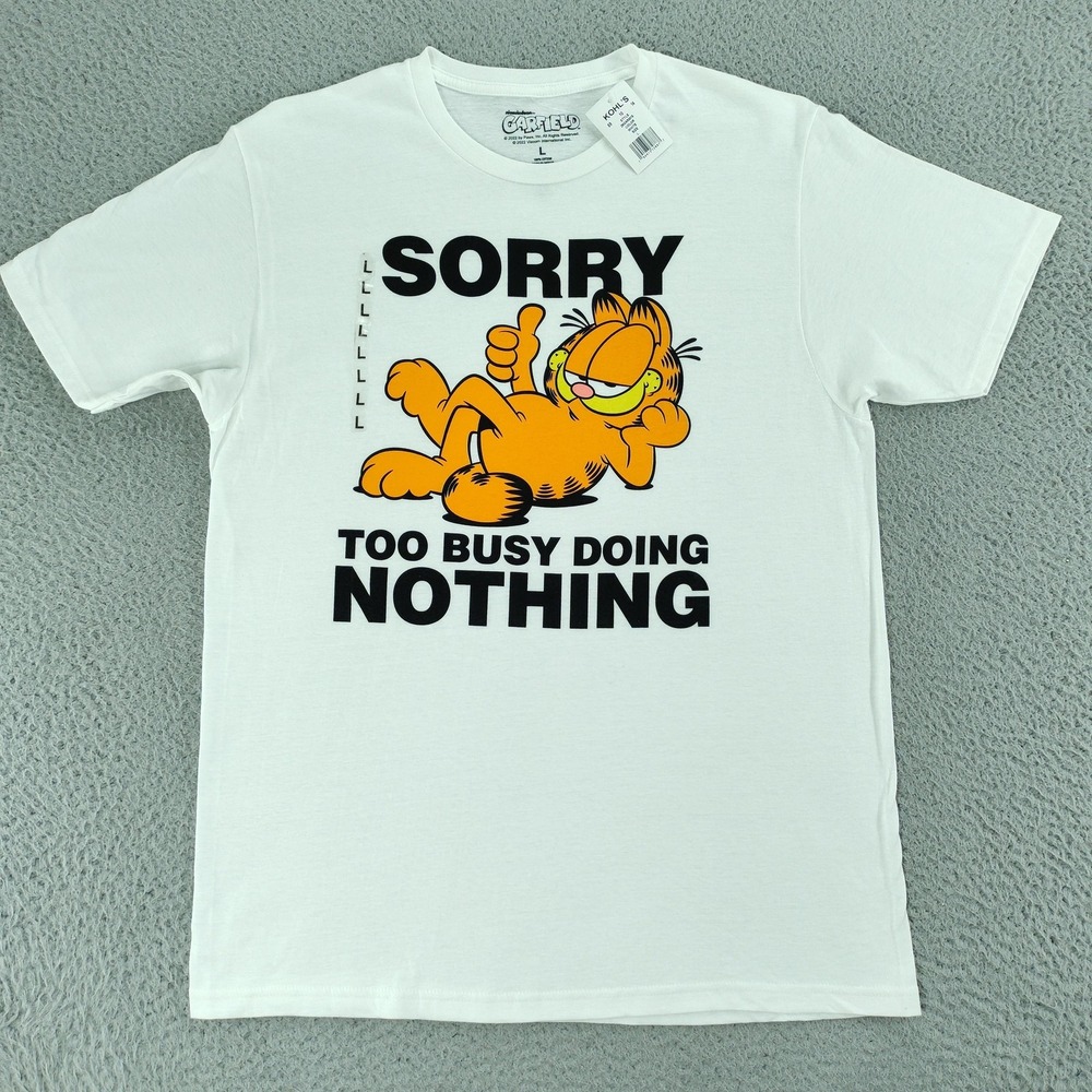 Garfield T Shirt Men Size L White NWT Sorry Too Busy Doing Nothing Graphic Tee
